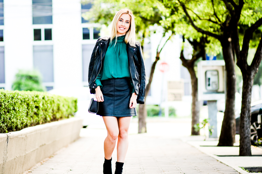 mini-leather-skirt-ruffle-blouse