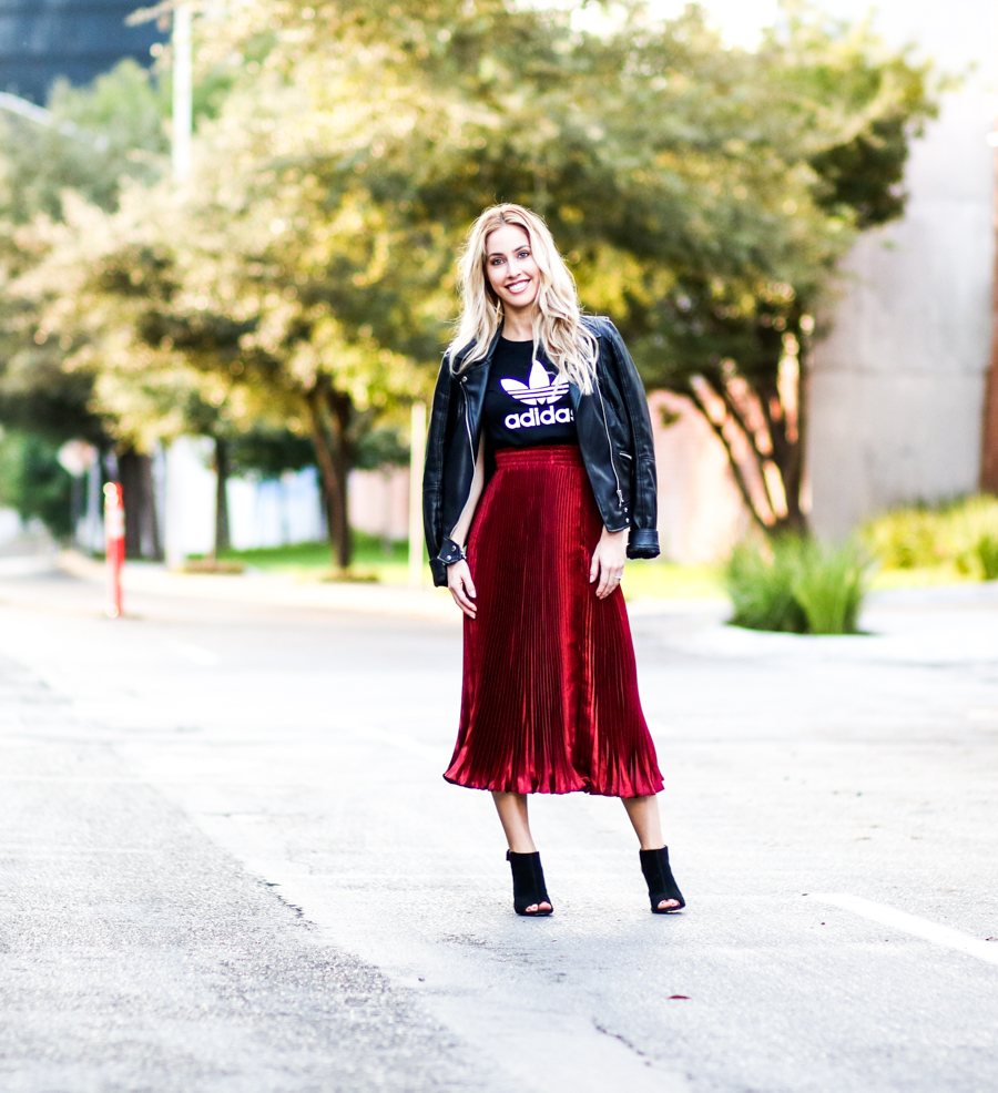 add leather and a t-shirt to a midi skirtmost wanted pleated skirt